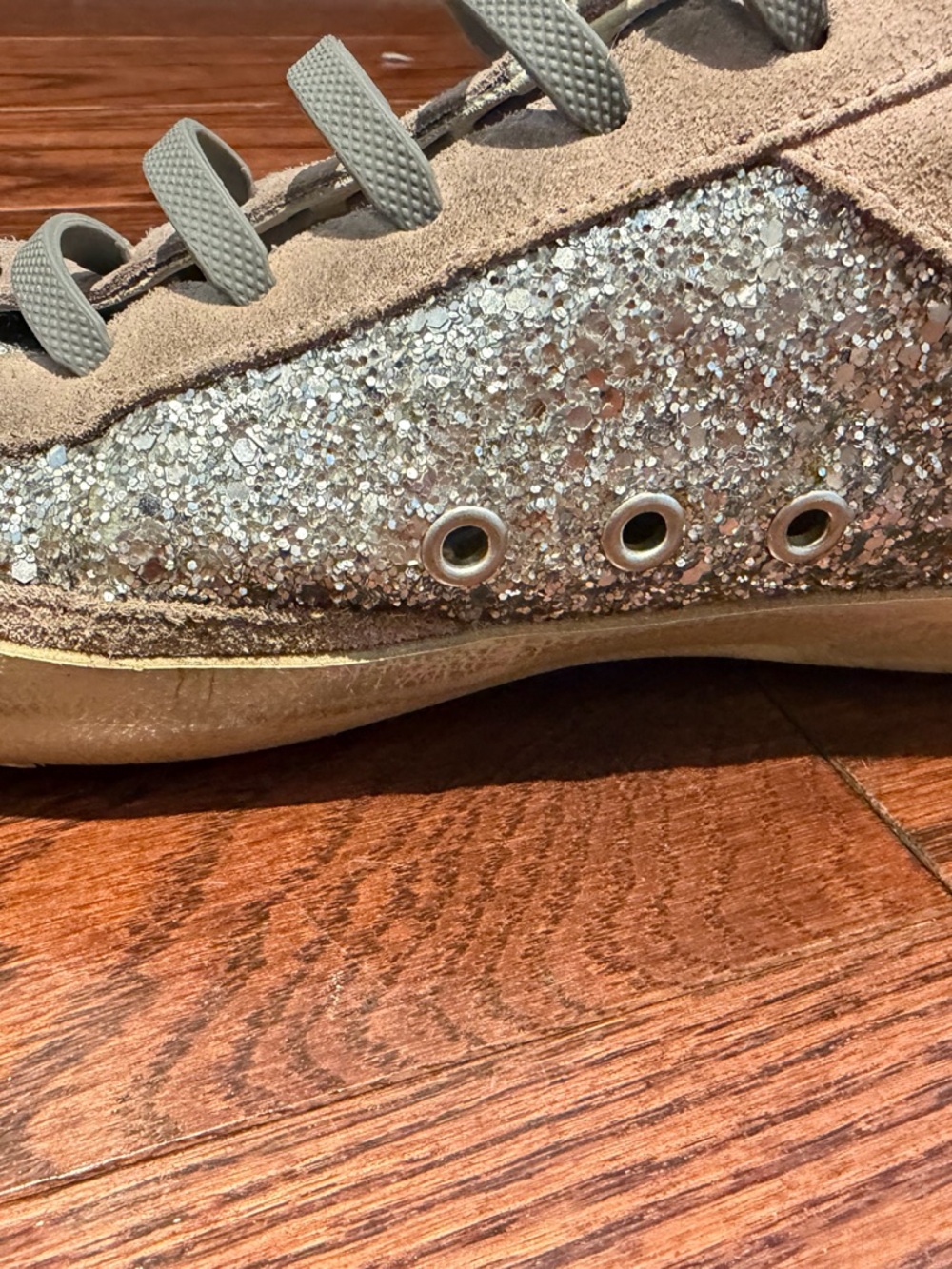 Golden Goose Silver Glitter Sneakers with Neon Green Star - Picture 4 of 11